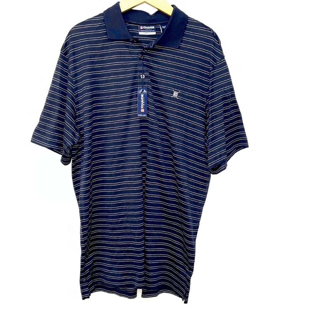 CHAPS Golf Polo Shirt Large Stay Dry Navy & White Pinstriped NWT